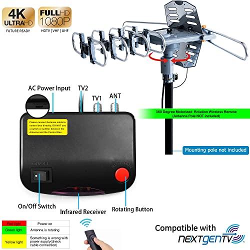 pingbingding PBD Outdoor Digital Amplified HDTV Antenna, 150 Mile Motorized 360 Degree Rotation, Wireless Remote Control, 59FT RG6 Coax Cable, Coaxial Grounding Block, UHF VHF 1080P 4K, Support 2 TVs