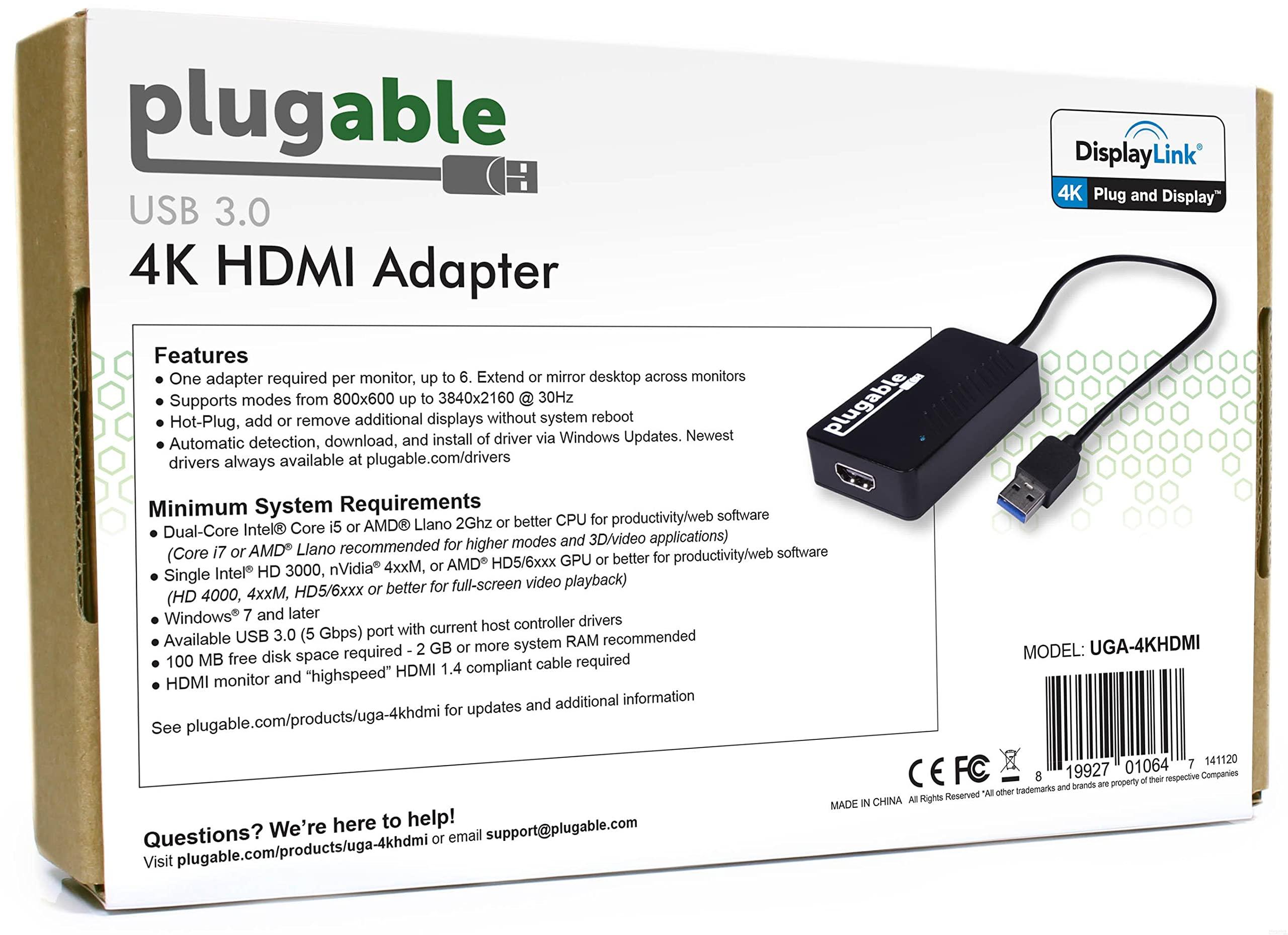 Plugable Plugable USB 3.0 to HDMI 4K DisplayLink Video Graphics Adapter for Multiple Monitors up to 3840x2160 Supports Windows, Mac, and ChromeOS