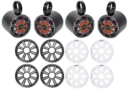 KICKER KICKER (2) 45KM654L 6.5\" 390w Marine LED Speakers w/Charcoal with White Grilles KM65 Bundle with 2 Rockville MAC65B 6.5\" Black Aluminum Wakeboard Tower Speaker Pod Enclosures