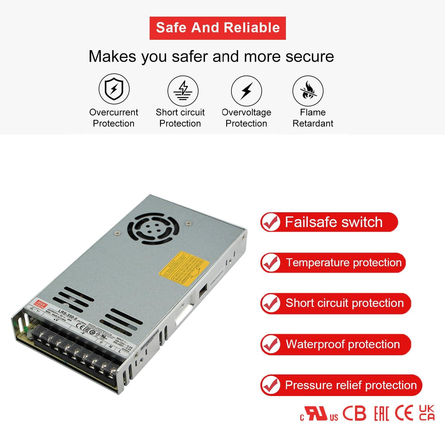 MEAN WELL LRS-350-5 350W Single Output Switching Power Supply 5V 60A, 90-132VAC/180-264VAC Input, Industrial Grade, UL Certified, for Automation Machinery
