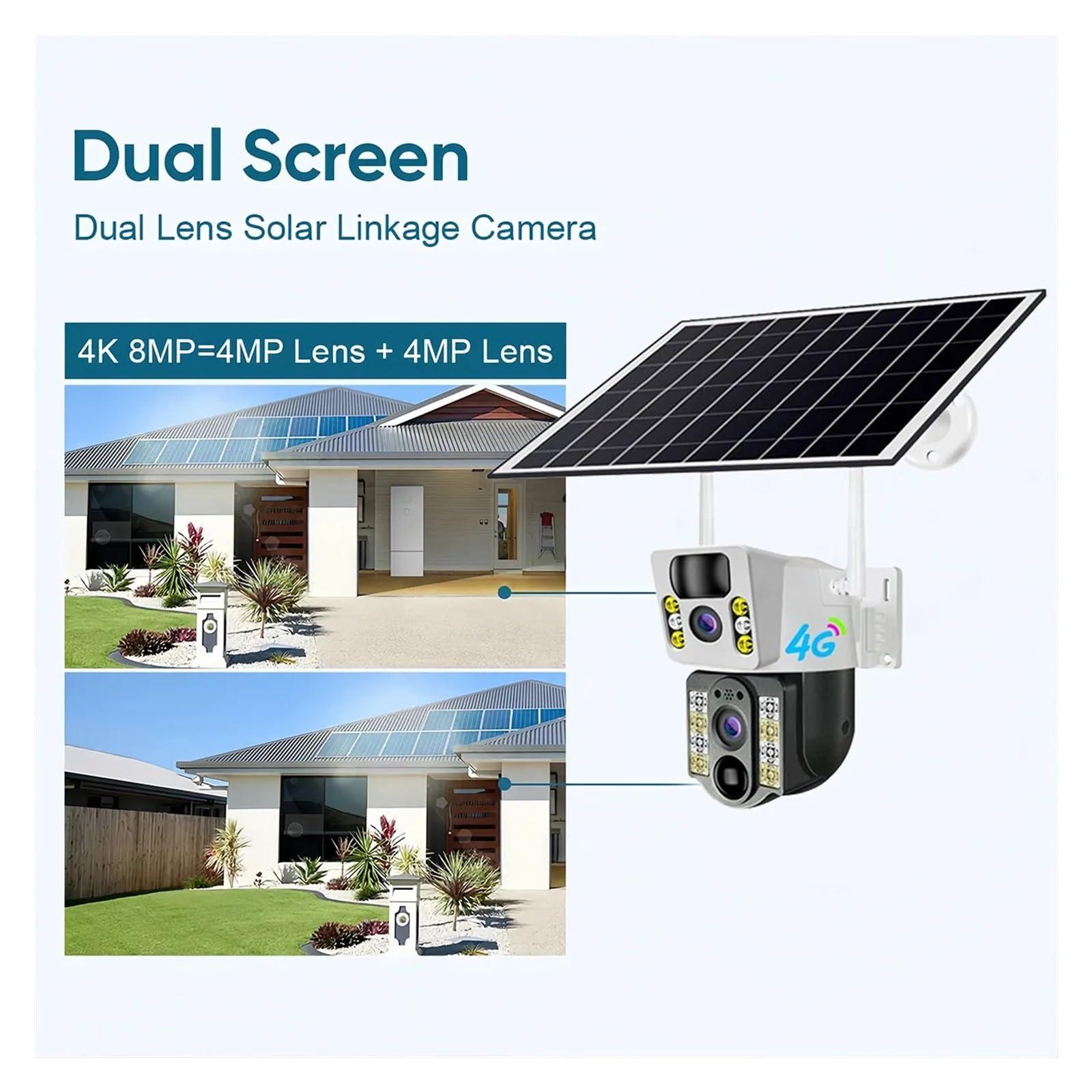 QDVOPHZA QDVOPHZA Solar Camera 8MP 4K 4G Sim Card Outdoor Dual Lens Wireless IP WiFi Camera PIR Night Vision Security Protection PTZ Monitor CCTV(WiFi Cam Add 32G)