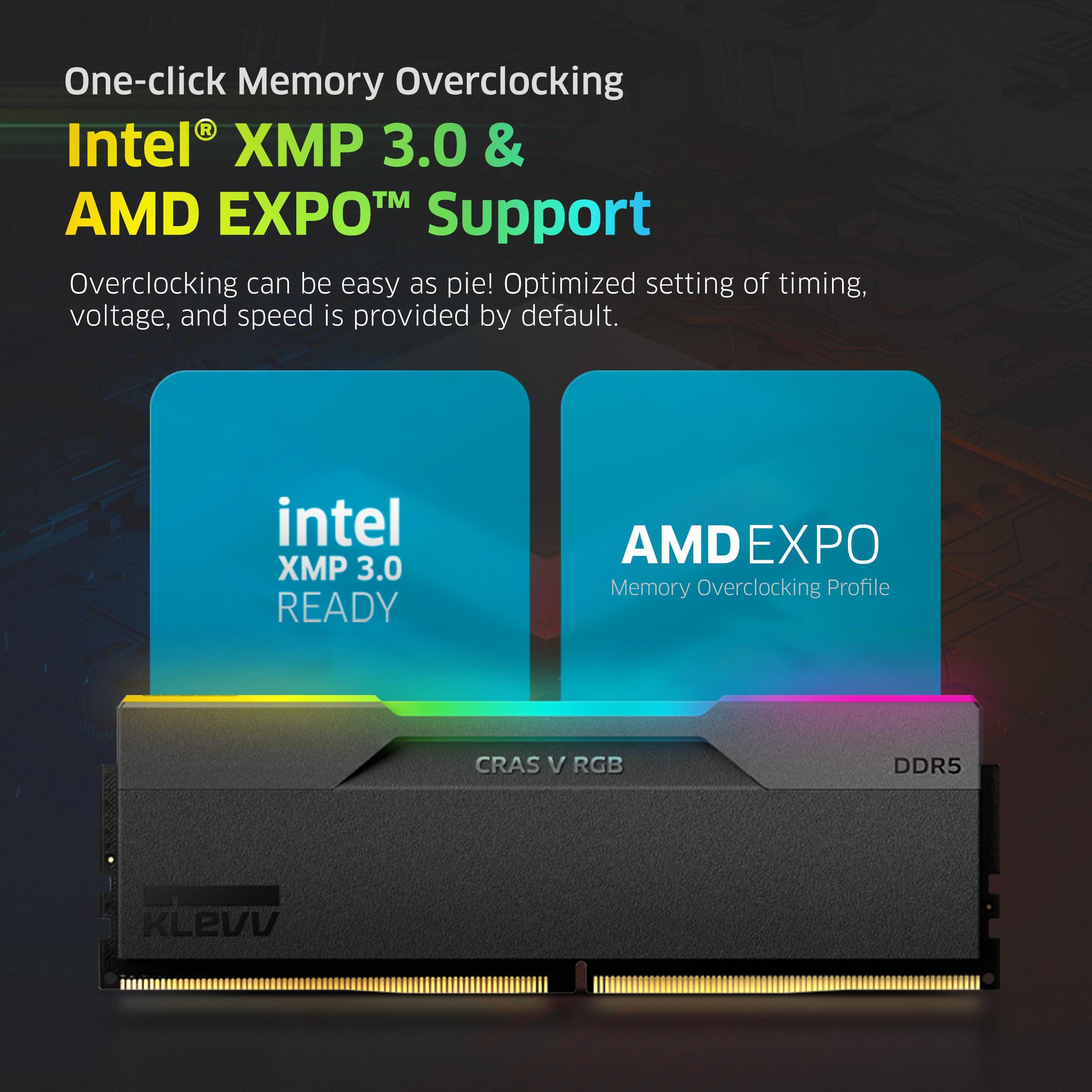 KLEVV KLEVV CRAS V RGB DDR5 64GB (2x32GB) 6400MHz CL32 A-DIE 1.35V Gaming Desktop Ram Memory SK Hynix Chip XMP 3.0 / AMD Expo Ready - Black (KD5BGUA80-64A320G)