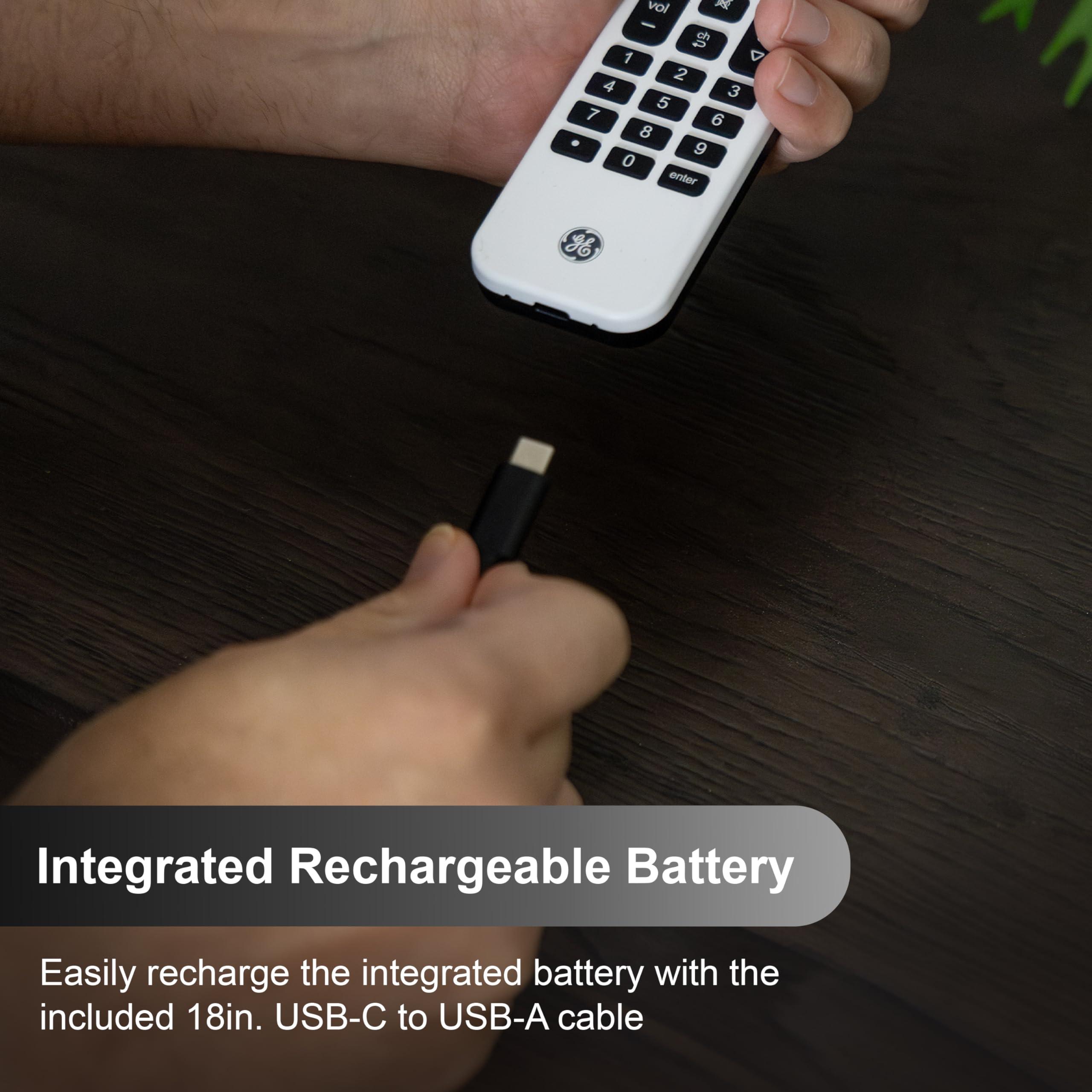 GE GE Rechargeable TV Remote Control, Universal Remote Control, Backlit Buttons, Samsung TV Remote Control Replacement for Smart TVs, Apple TV, Sony, Roku Replacement Remote, LG TV, 4-Device, 80984