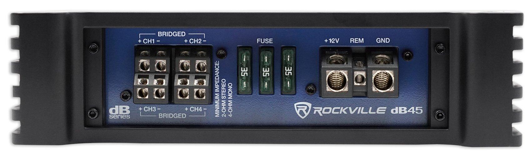 Rockville (1) Rockville dB45 3200 Watt/800w RMS 4 Channel Amplifier Car Stereo Amp, Loud!! Bundle with (1) Rockville RWK42 4 Gauge 4 Chan Car Amp Wiring Installation Wire Kit RCA's (2 Items)