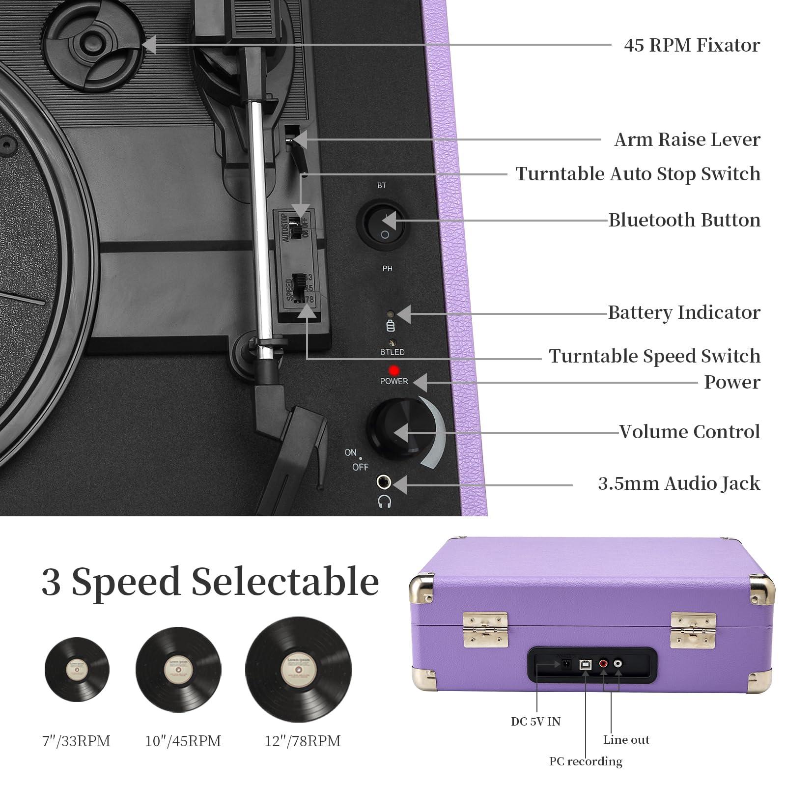 JORLAI JORLAI Record Player 3 Speed Vinyl with Bluetooth Vintage Turntable Built in Battery Portable Suitcase Support Aux in RCA Line Out Headphone Jack Purple