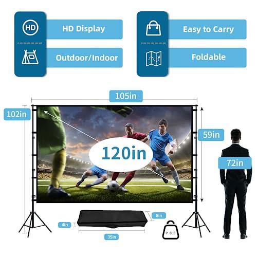 TOWOND Projector Screen and Stand,Towond 120 inch Outdoor Projection Screen, Portable 16:9 4K HD Rear Front Movie Screen with Carry Bag Wrinkle-Free Design for Home Theater Backyard Cinema
