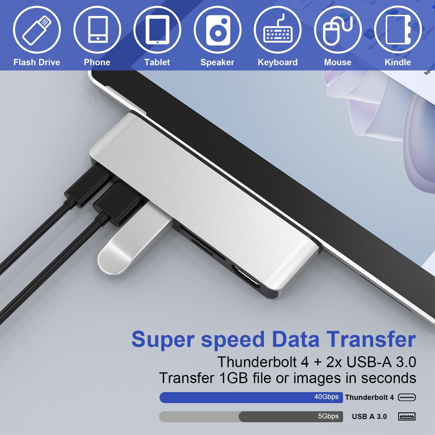 Rytaki Surface Pro 11 USB Hub, Surface Pro 9 USB Hub Docking Station with 4K HDMI, USB-C Thunderbolt 4(8K Video+Data+100W PD), USB 3.0 * 2, SD TF Card Slot, USB C Hub for Surface Pro 11/Pro 10/Pro 9/Pro X