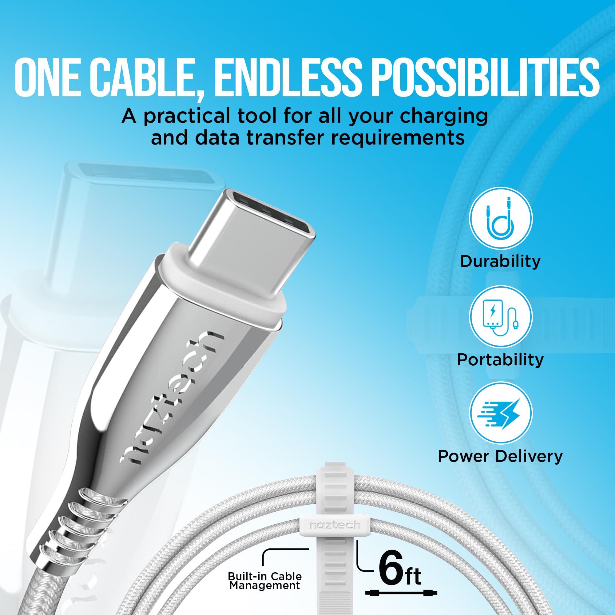 Naztech Naztech Titanium 6ft USB-C to USB-C Charger Cord - Durable, Braided Fast Charging Cable w/High-Speed Data Transfer & 60 W Power Delivery, Compatible with iPhone, Android, Tablets, & More - White