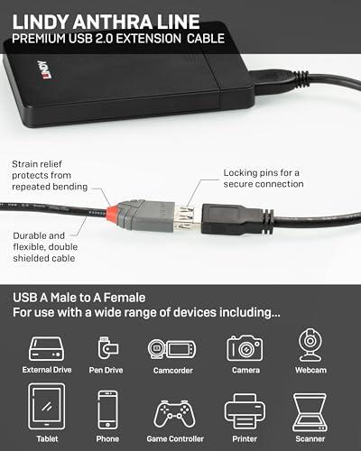 Lindy LINDY USB 2.0 Type A Extension Cable 2m, USB A Male to A Female Cable, Data Transfer Compatible for Printer, PC, Laptop, Scanner, Camera, Keyboard, Hard Drive, USB Disk, Anthra Line - Black