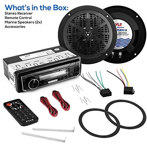 Pyle Pyle Bluetooth Marine Receiver Stereo & Speaker Kit 300W Single DIN Boat Marine Head Unit l LCD, Mic, Hands-Free Calling, AUX, MP3/USB/SD, AM/FM Radio, Remote - PLMRK47BK (Black)