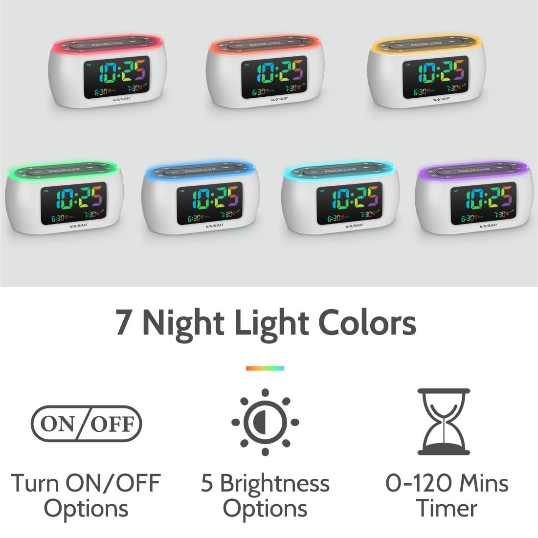 HOUSBAY HOUSBAY Glow Small Colorful Alarm Clock Radio with Rainbow Digit, 7 Color Night Light with ON/Off Options, Dual Alarm, Dimmer, FM Radio with SleepTimer for Bedrooms