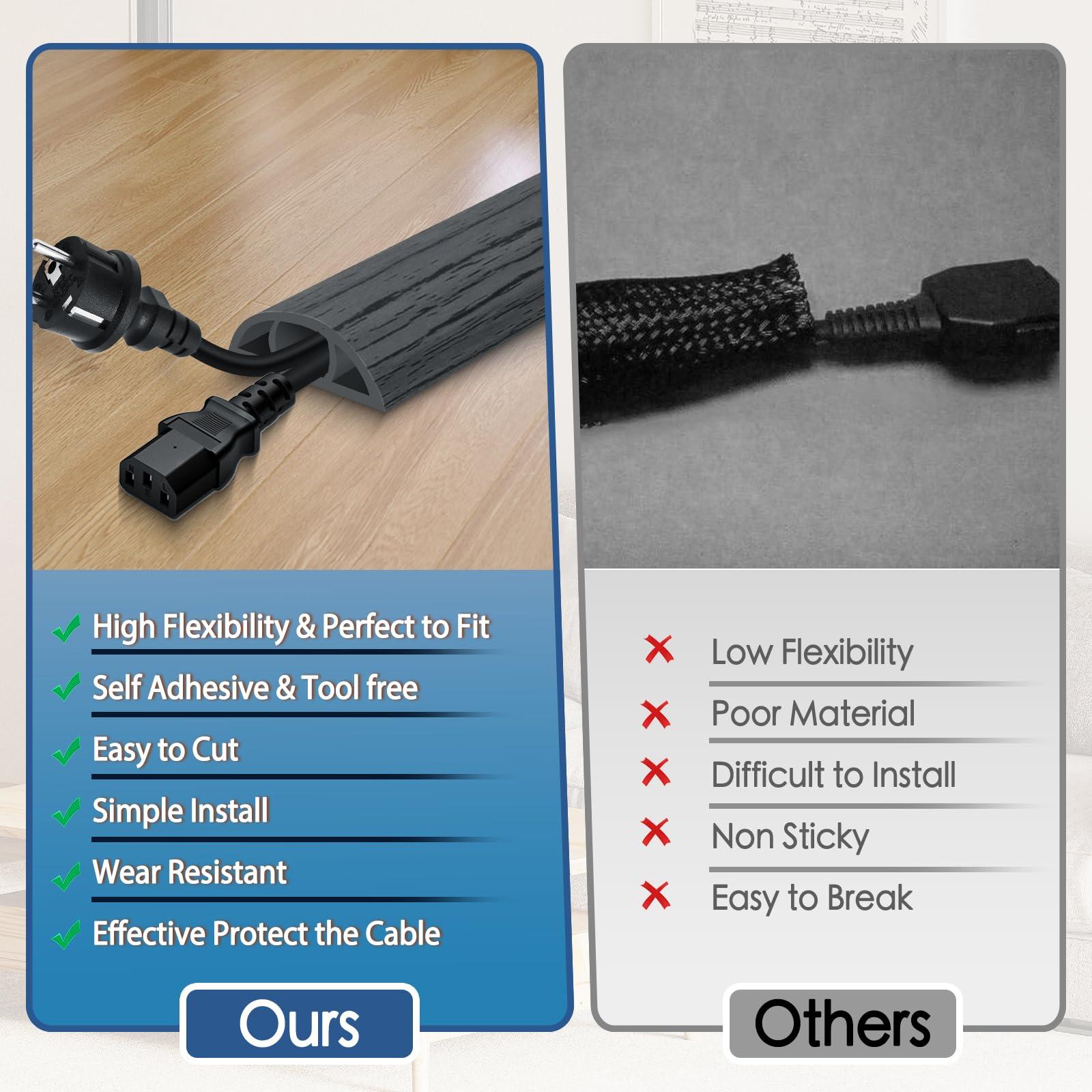 EYAYEN Floor Cord Cover for Wires on Floor Self Adhesive Cord Hider Floor Cable Management Wire Covers for Cords Protector Prevent Cable Trips Cord Cavity W 0.51\" x H 0.31\", Deep Gray Wood, 20Ft