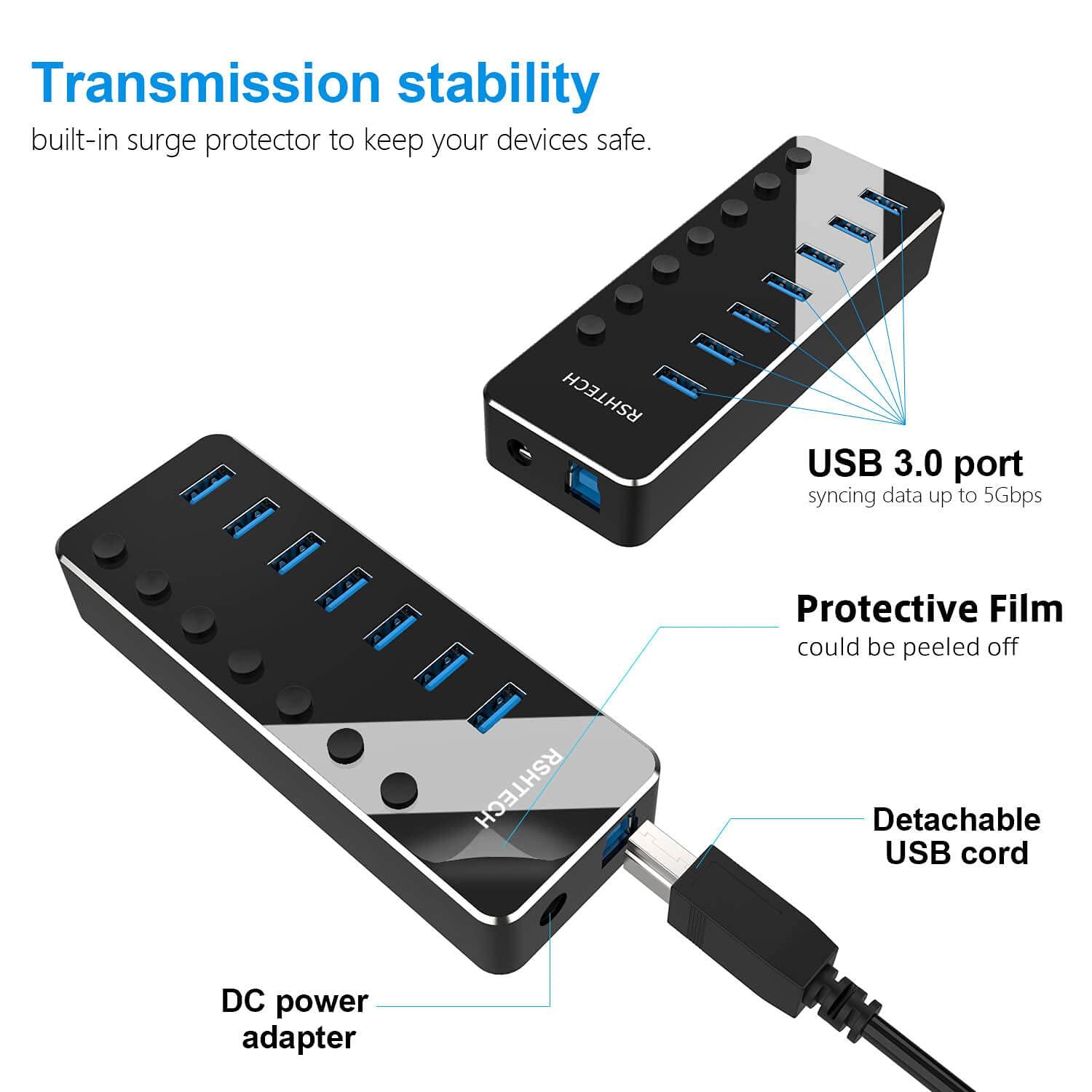 RSHTECH USB 3.0 Hub, RSHTECH 7 Port Powered USB Hub Expander Aluminum USB 3.0 Data Port hub with Universal 5V AC Adapter and Individual On/Off Switches USB Splitter for Laptop and PC(Black)