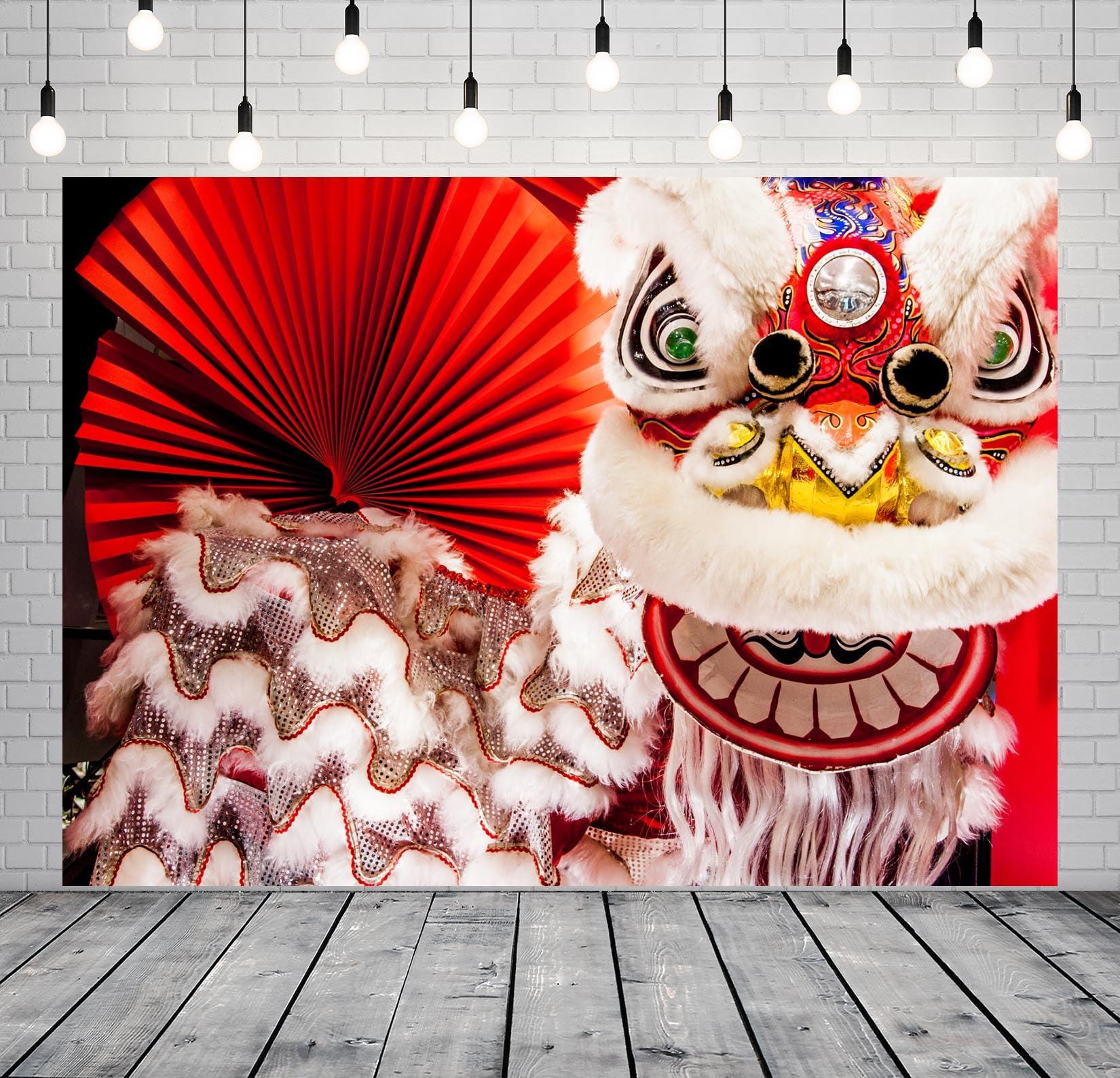 BELECO BELECO 10x6.5ft Fabric Chinese Lion Dance New Year Backdrop Chinese New Year with Red Fan Festival Background Spring Festival Lunar New Year Party Decorations Banner Photo Booth Studio Props