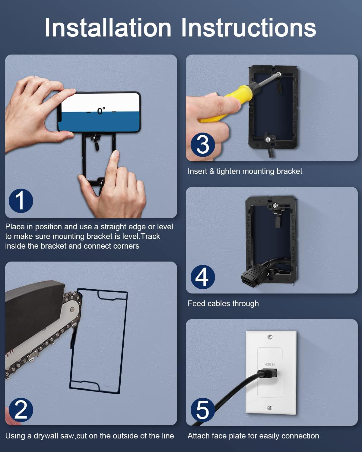ELECTOP HDMI 2.1 Wall Plate, ELECTOP 8K HDMI Wall Outlet Pass Through with Low Voltage Metal Mounting Bracket, Supports 8K@60Hz and 4K@120Hz, 3D, HDR, 48 Gbps HDMI Box, Fits Home Theater Systems
