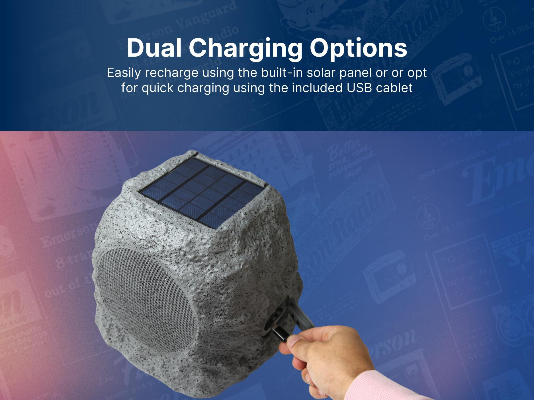 Emerson Emerson ERS-1001 Bluetooth Waterproof Outdoor Rock Speaker with Solar Charging, Built-in Rechargeable Battery, and Rugged Design Ideal for Outdoor Music, Parties, and Backyard Entertainment