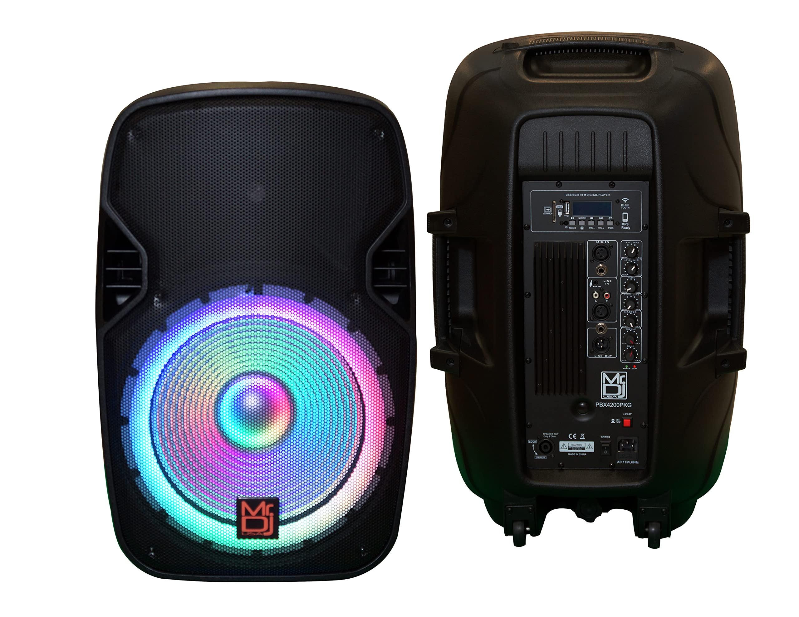 Mr. Dj Mr. Dj PBX-4200PKG 15" Powered PA DJ Speaker 2-Way Full Range Portable PA Speaker System Combo Set with Stands/Illuminating Light/Microphone/EQ/USB/Bluetooth