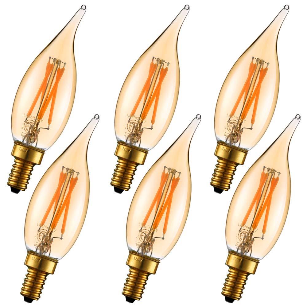 LiteHistory LiteHistory Dimmable 4W 2200K Amber CA10 led Bulb E12 Candelabra led 250lm, Warm White, 40W Flame tip 6Pack