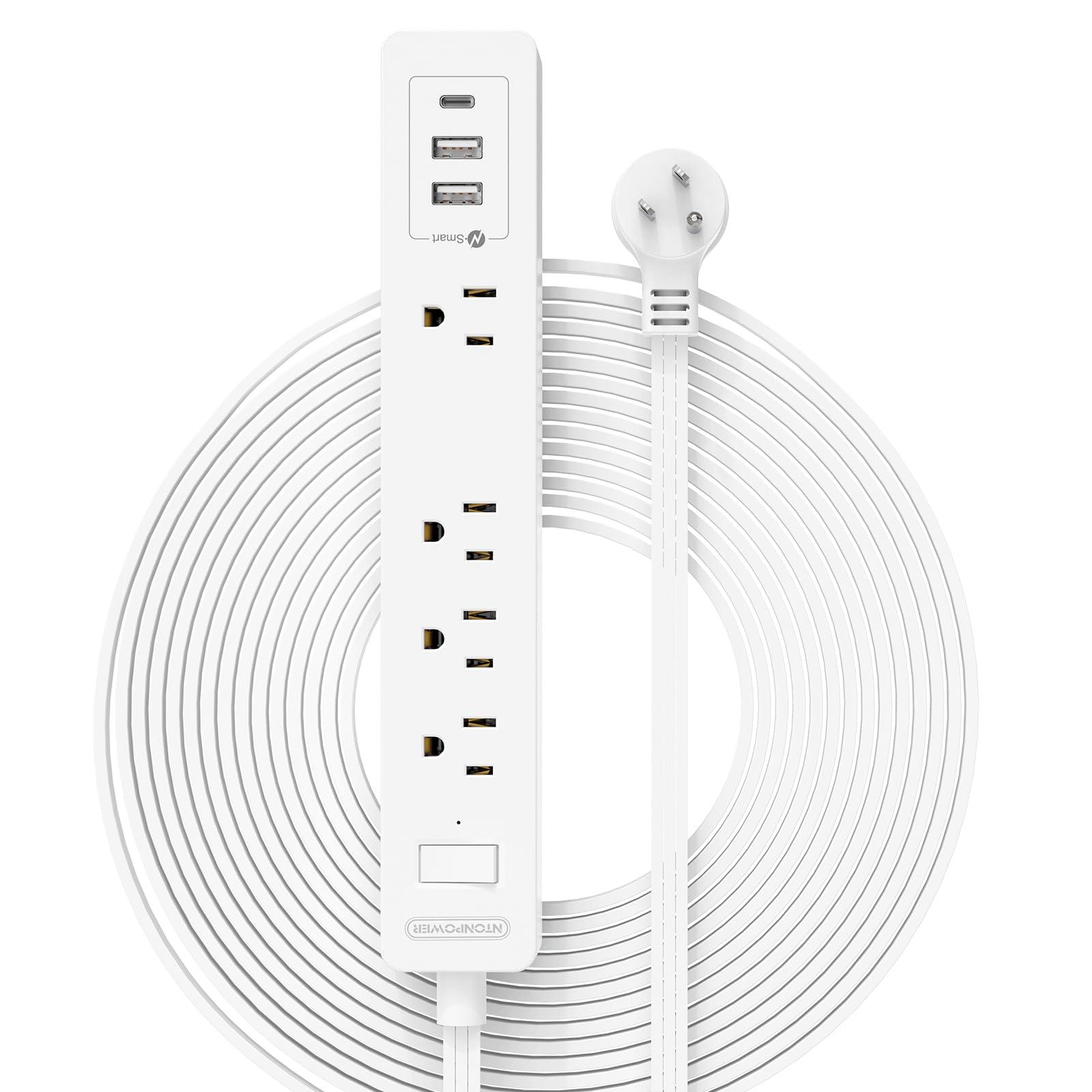 NTONPOWER Flat Extension Cord 15 ft, NTONPOWER Ultra Thin Flat Extension Cord Under Carpet, Rug, Door, Wall Mount Power Strip Flat Plug with 4 Outlets 2 USB, Overload Protection for Home Office Indoor, White