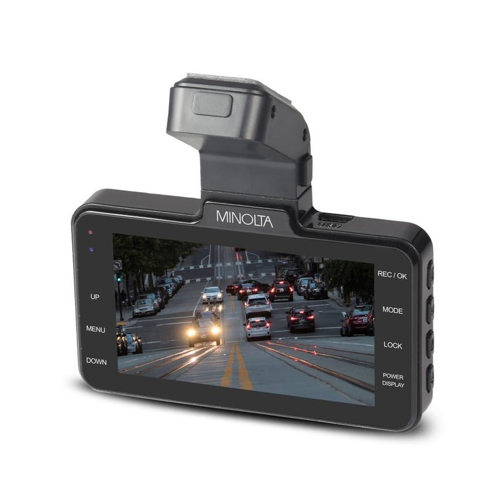 Minolta Minolta 1080p Dash Cam with G-Sensor - 3.0" LCD, 120 Wide-Angle Lens, Loop Recording, Parking Monitor, Emergency Lock, USB Power, Windshield Mount, 16GB Card Included, Compact (Black)
