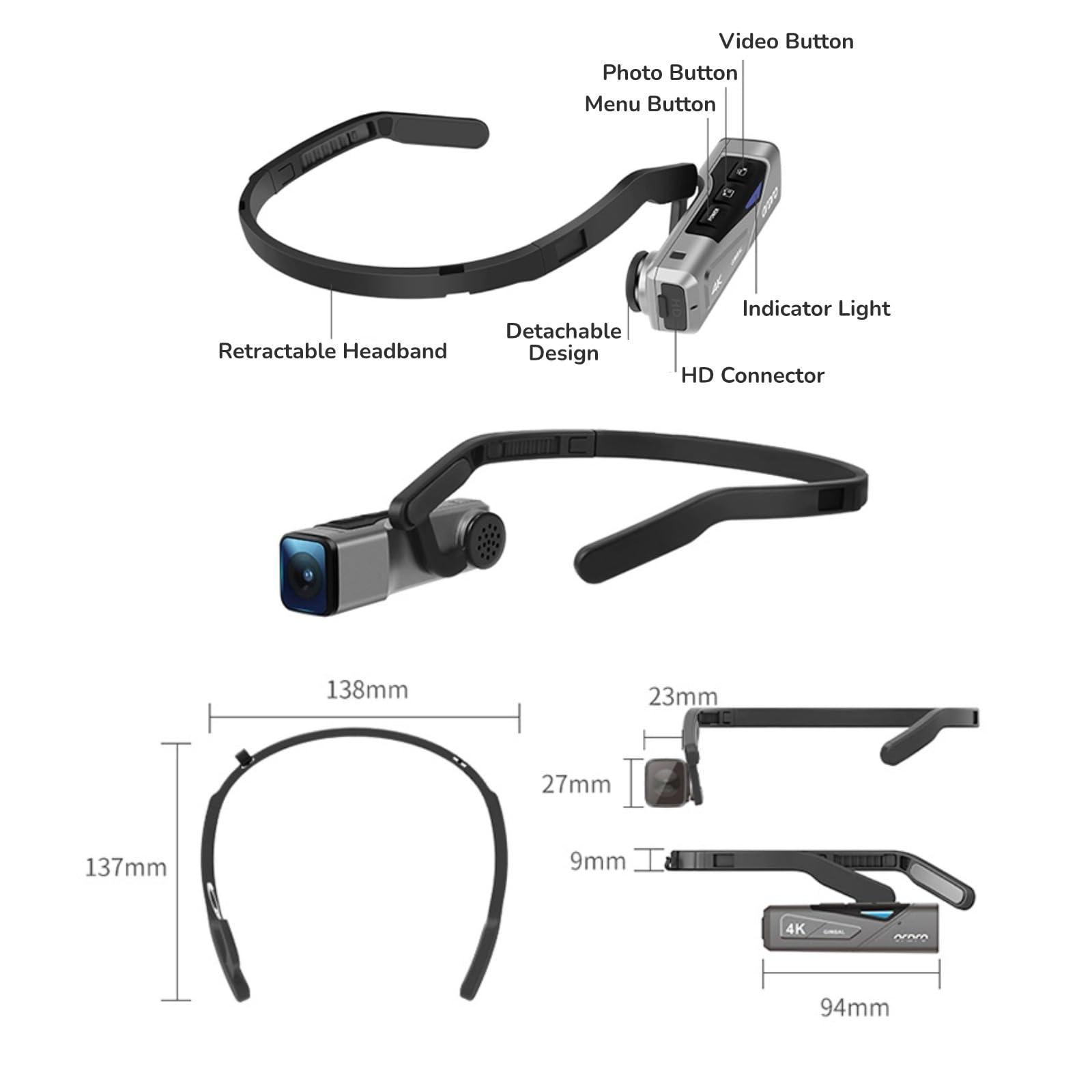 Yoidesu Yoidesu 4K Head Mounted Video Camera, Ultra HD 4K 60FPS Wearable Video Camcorder 20MP Hands Vlog Camera, 120 Wide Angle APP Control Anti Shake Autofocus Video Stabilizer