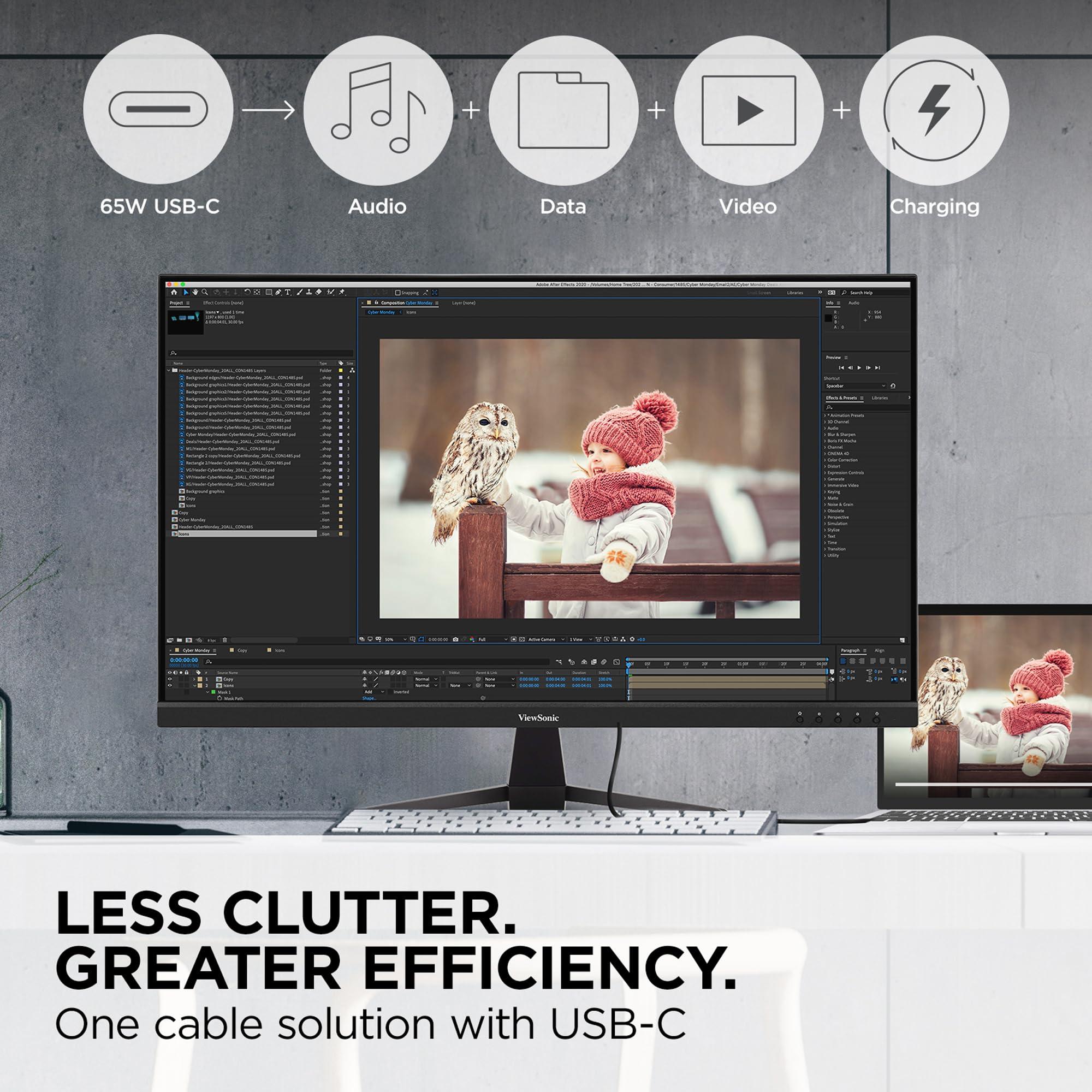 ViewSonic ViewSonic VX3267U-4K 4K UHD 32 Inch IPS Monitor with 65W USB C, HDR10 Content Support, Ultra-Thin Bezels, Eye Care, HDMI, and DP Input, Black