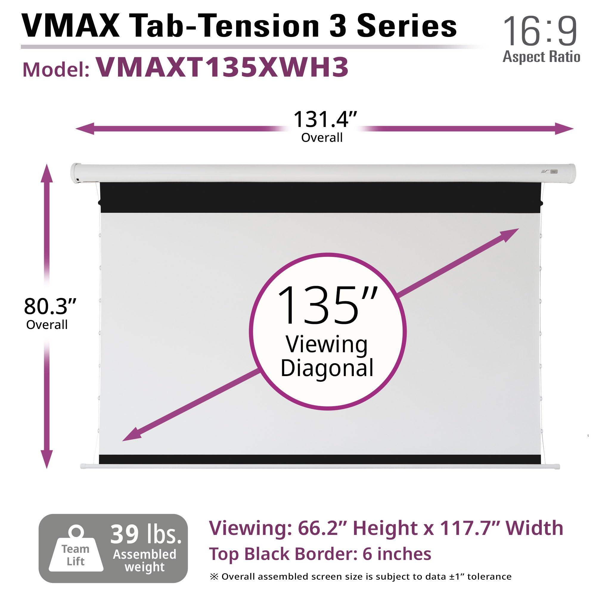 Elite Projector Elite Screens VMAX 3 Tab-Tensioned Series, 135-INCH 16:9, Motorized Projector Screen for Ultra/Standard/Short Projectors Movie Home Theater, VMAXT135XWH3