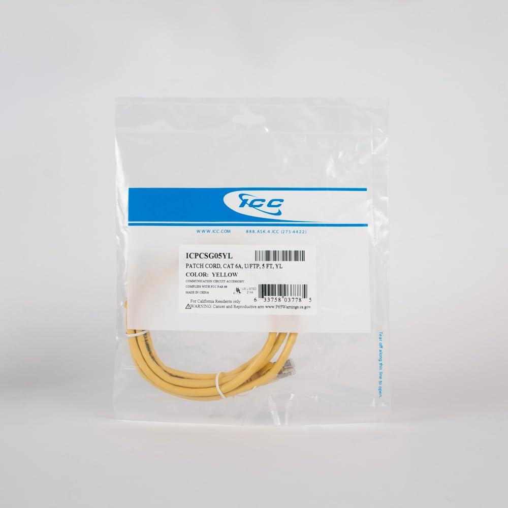 ICC ICC CAT6A U/FTP UL Listed RJ45 Ethernet Patch Cord, Stranded, 500 MHz, Pure Bare Copper Wire, 26 AWG, LAN Network Patch Cable, Slimline Strain Relief, Yellow, 5 FT