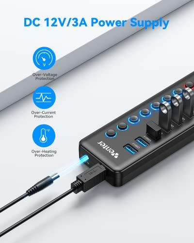 WENTER Powered USB 3.0 Hub, Wenter 11-Port Hub Splitter (7 Faster Data Transfer Ports+ 4 Smart Charging Ports) with Individual LED On/Off Switches, Power Adapter for Mac, PC