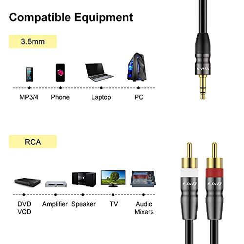 J&D J&D 3.5 mm to Dual RCA Male Stereo Audio Cable, Heavy Duty RCA Cable Gold Plated Copper Shell 3.5mm Male to 2 RCA Male Cable for Smartphone/MP3 Player/Tablet, 1 Feet