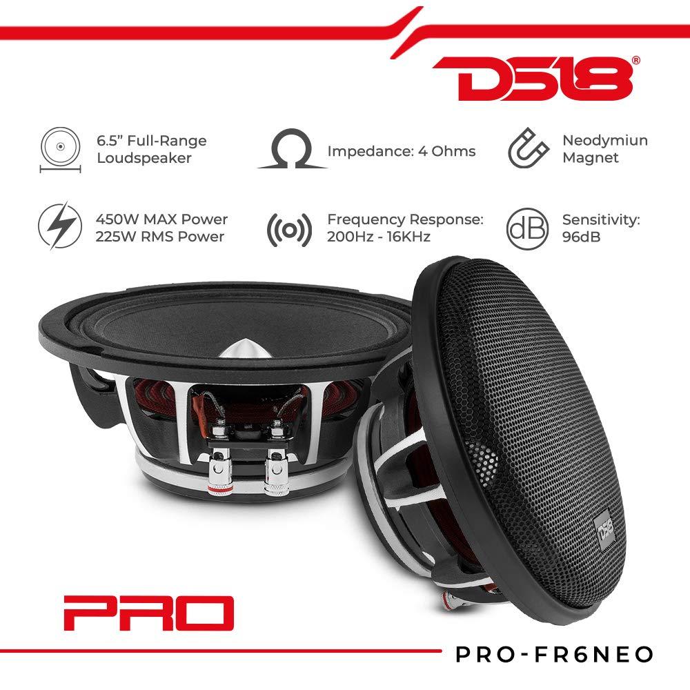DS18 DS18 PRO-FR6NEO 6.5" Car Speaker Full-Range with Silver Aluminum Bullet 450 Watts Max 225 Watts RMS 4-Ohms Grill Included Neodymium Magnet Loudspeaker Pro Car Audio. Speaker Wire Included - 2 Speakers