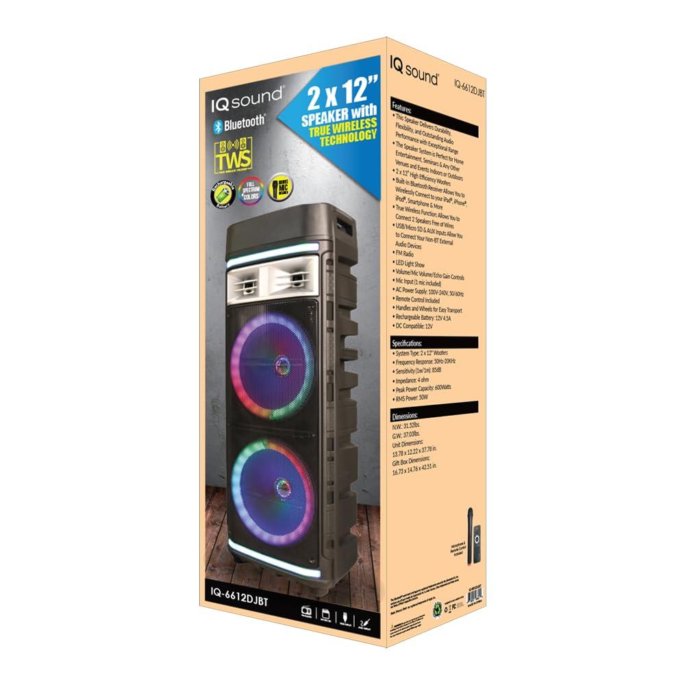 Supersonic IQ Sound IQ-6612DJBT 2 x12-inch Portable DJ Speaker, TWD, 600 Watts, LED Light Show, USB/Micro SD & AUX Inputs, FM Radio, Mic Input, Rechargeable Battery, with Handles, Wheels, and Remote Control