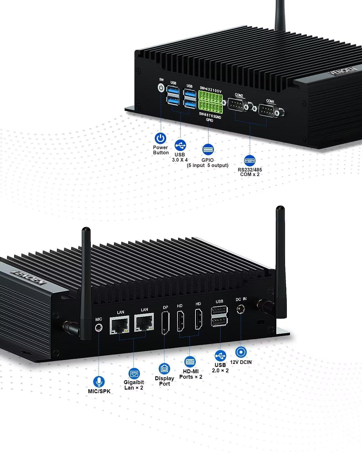 VENOEN VENOEN Fanless Mini PC Win 11 Pro Industrial PC Core i3 10110U, 2xGigabit LAN, 2xRS232/485 COM, 2xHD, DP, 6xUSB, GPIO, WiFi, BT 4.2, VESA, Auto Power On,8GB RAM 512GB SSD Micro Computer