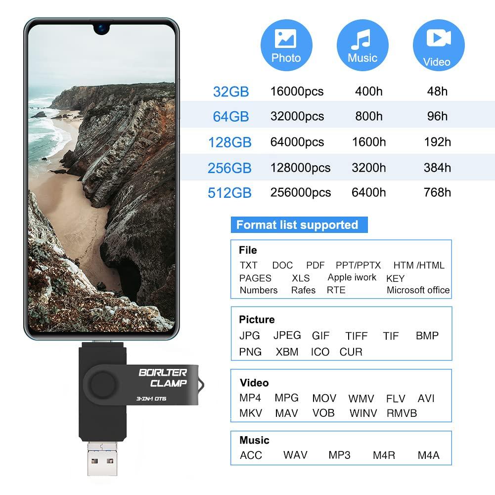 BORLTER CLAMP 256GB 3 in 1 USB 3.0 Flash Drive Photo Stick for Android Phones, BorlterClamp OTG Memory Stick with 3 USB Ports (USB C, microUSB, USB A) for Samsung Galaxy, LG, Tablets, PC and More, Black