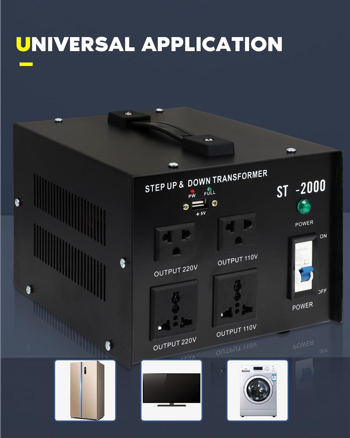 FAHKNS Voltage Converter Transformer 2000w,Step Up/Down Power Converter AC 110v to 220v / 220v to 110v,Transformer Converter with Two Spare Fuses,2 Universal Sockets,2 US Outlets,Circuit Breaker Protection