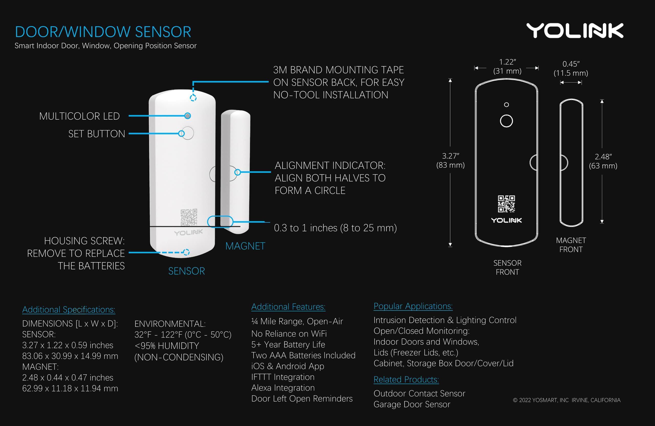 YoLink YoLinK LoRa Smart Door Sensor Starter Kit: 1/4 Mile Open-Air Range, Door Left-Open Reminders, Text/SMS, Email, App alerts, 5 Years Battery Life, Alexa, IFTTT, Home Assistant