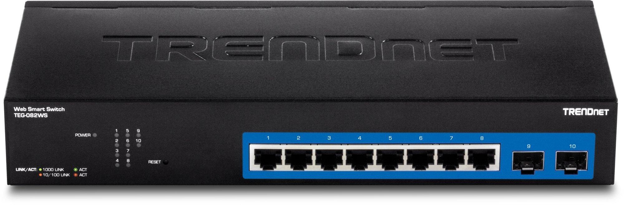 TRENDnet TRENDnet 10-Port Gigabit Web Smart Switch, 20 Gbps Switching Capacity, 8 x RJ-45 Ports, 2 x SFP, Slots, VLAN, QoS, LACP, IPv6 Support, Fanless, Rack Mountable, TEG-082WS (Renewed)