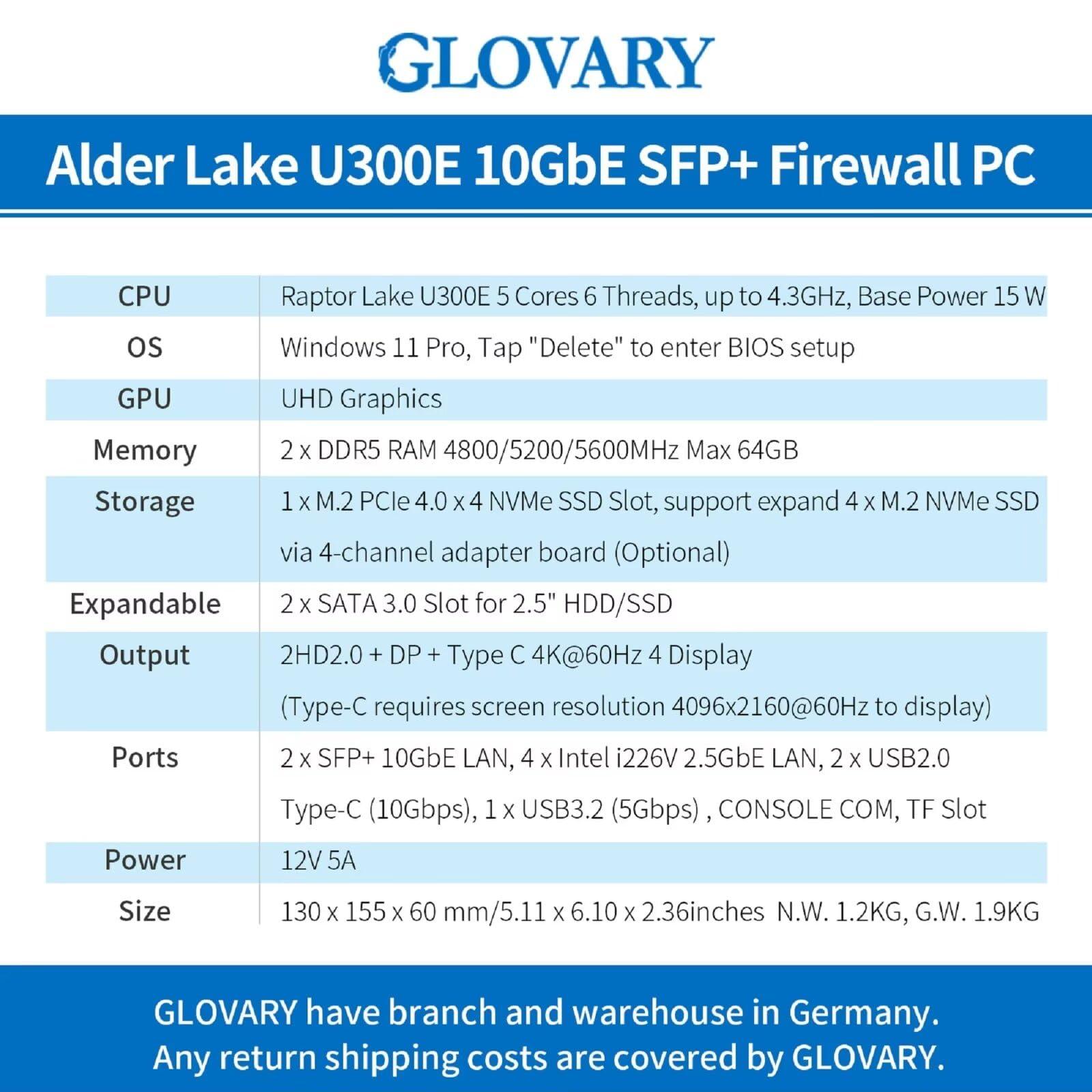 Glovary Glovary Firewall Appliance Dual 10GbE SFP+ U300E, 4 x i226V 2.5GbE LAN Mini PC Router, DDR5 16GB RAM 256GB NVMe SSD, Micro Router Computer, 10Gbit TypeC Port, Windows 11 Pro, OPNsense