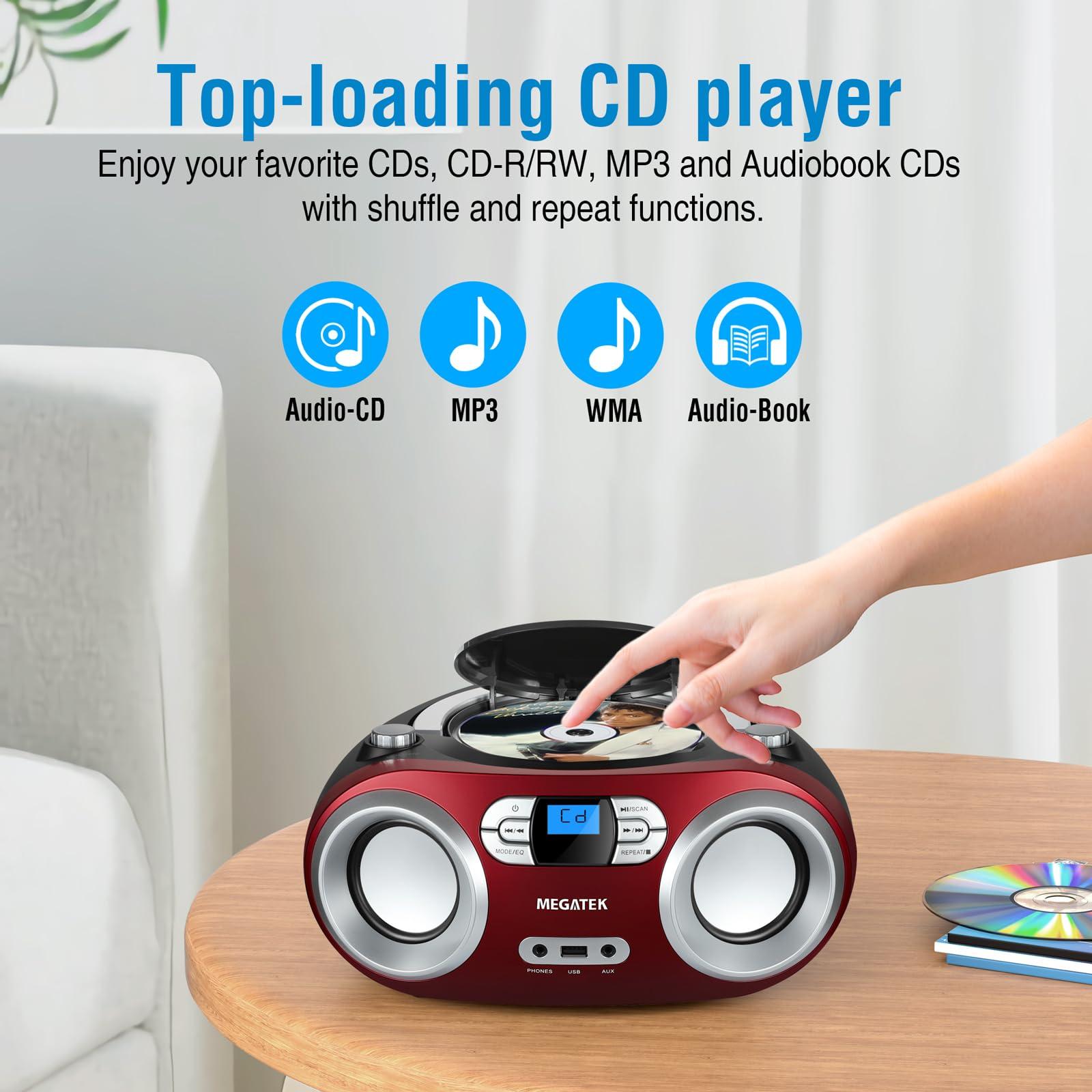 MEGATEK MEGATEK Portable CD Boombox with FM Stereo Radio, Bluetooth, USB Port, and Backlit LCD Display | CD-R/CD-RW/MP3-CD Compatible | AUX Input | Headphone Jack | Programmable CD Player - Cherry Red