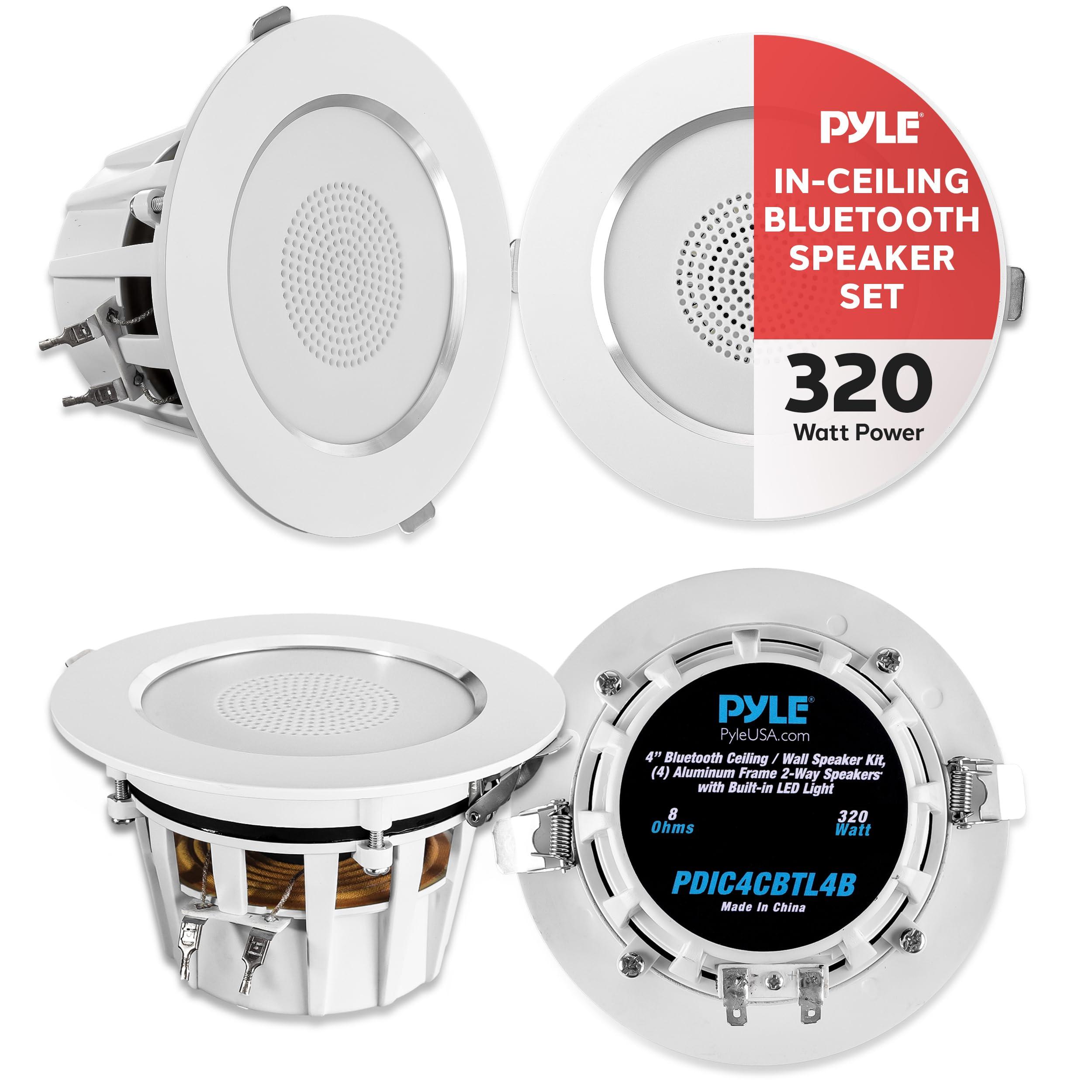 Pyle Pyle 4\" In-Ceiling In-Wall Speakers - 320 Watts Max, 2-Way Stereo Sound, Flush Design w/ BT Wireless Receiver, LED Light, & Spring Loaded For Easy Installation- PDIC4CBTL4B (4 Speakers)