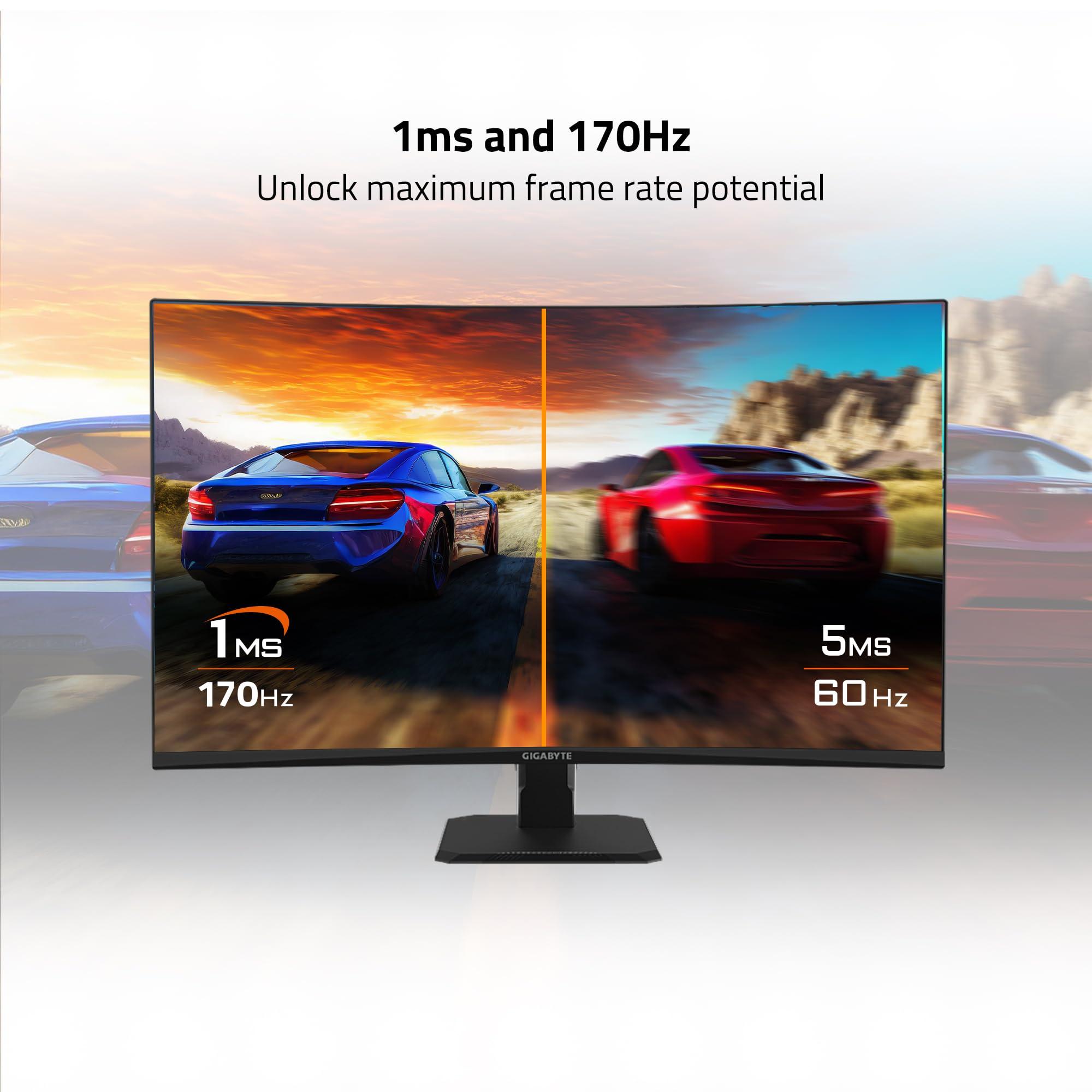 GIGABYTE GIGABYTE GS32QC 31.5" 165Hz 1440P Curved Gaming Monitor, 2560x1440 VA 1500R Display, 1ms (MPRT) Response Time, HDR Ready, 1x Display Port 1.4, 2X HDMI 2.0,Black