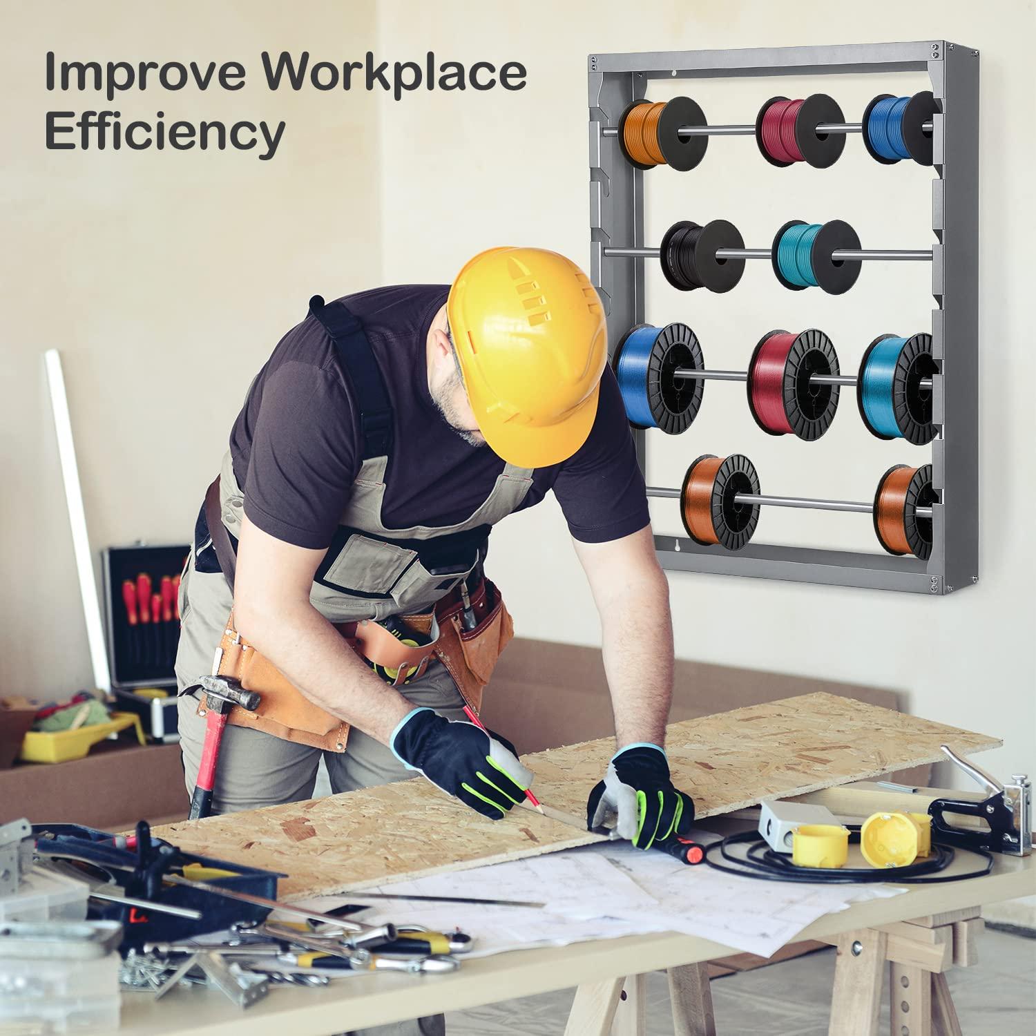 foriy foriy Wire Spool Rack, Heavy Duty Cold-Rolled Steel Wire Dispenser, Conduit Display Rack, Wall Mounted Spool Storage Rack for Electrical Industrial Retail Use 4 Adjustable Rods Grey