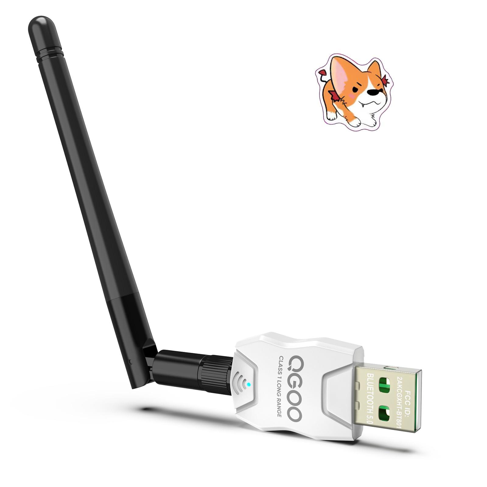 QGOO Class 1 Long Range Bluetooth Adapter for PC, QGOO USB Bluetooth Adapter for PC 5.3+EDR, Dongle Receiver Support Windows10/8.1/8/7white-034