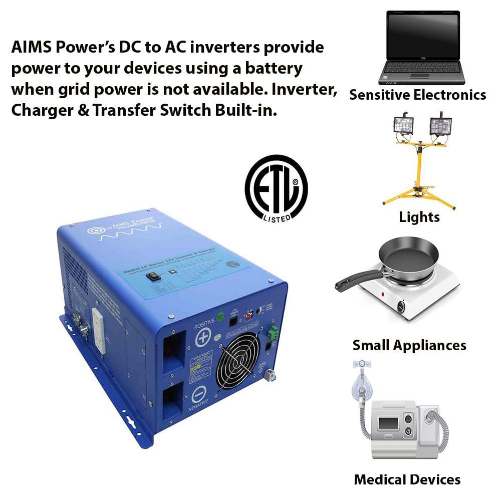 AIMS Power AIMS Power 1000 Watt Pure Sine Inverter Charger 12 Volt DC to 120 Volt AC ETL Listed with AIMS Pro Bluetooth Device Monitor