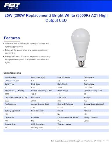 Feit Electric Feit Electric A21 LED Light Bulb, 200W Equivalent, Non-Dimmable, 3050 Lumens, E26 Standard Base, 3000k Bright White, High Output LED Bulb, Damp Rated, 22 Year Lifetime, OM200/830/LED