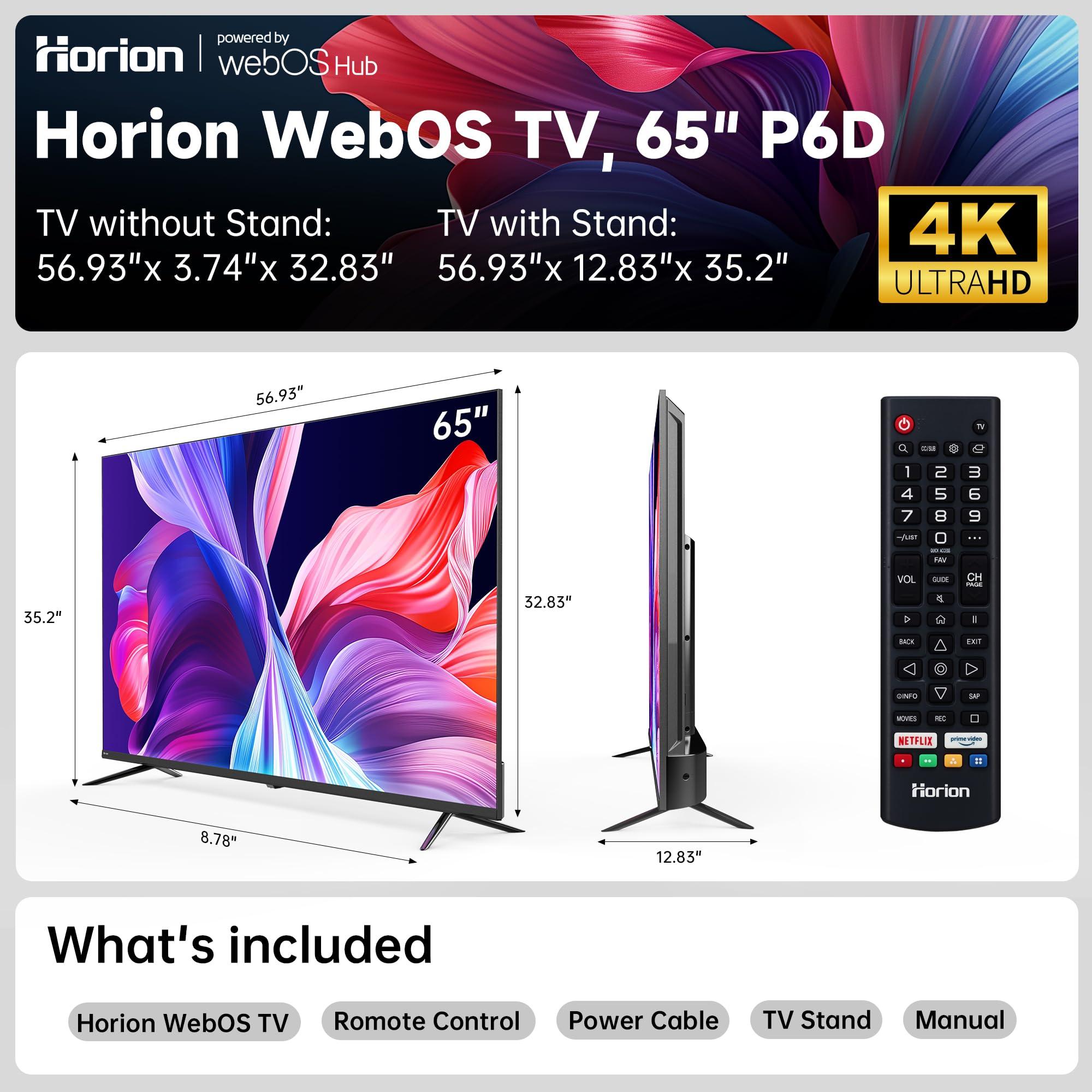 Horion Horion 65-inch Smart TV (65P6D,2025) - 4K UHD LED TV P6D Series with WebOS 22, Ultra Slim Television with Mega Contrast, HDR10, MEMC, Dolby Atmos - Streaming Live TV, Bluetooth, Hdmi, WiFi