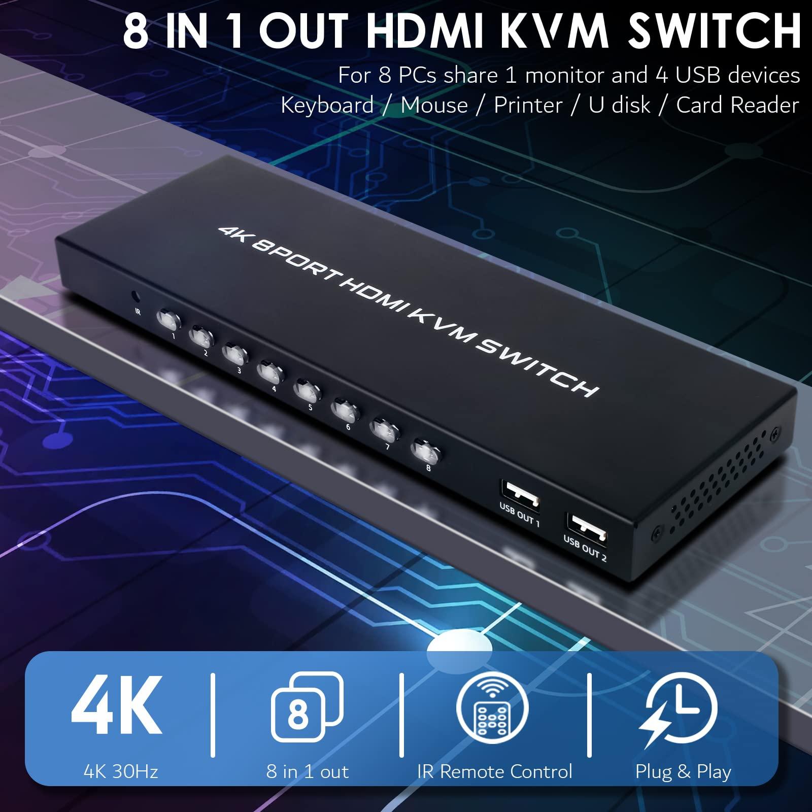 TCNEWCL TCNEWCL 8 Port KVM Switch HDMI, 4K@30Hz 8 in 1 Out HDMI KVM Switch for 8 PC Sharing 1 HD Monitor and 4 USB devices with IR Remote & 8 HDMI Cables