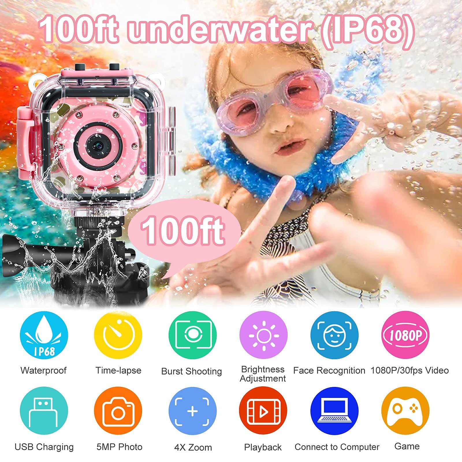PROGRACE PROGRACE Kids Camera Waterproof Gift Toy - Children Digital Video Camera Underwater Camera for Kids 1080P DV Toddler Camera for Girls Birthday Pool Toys Age 3-14