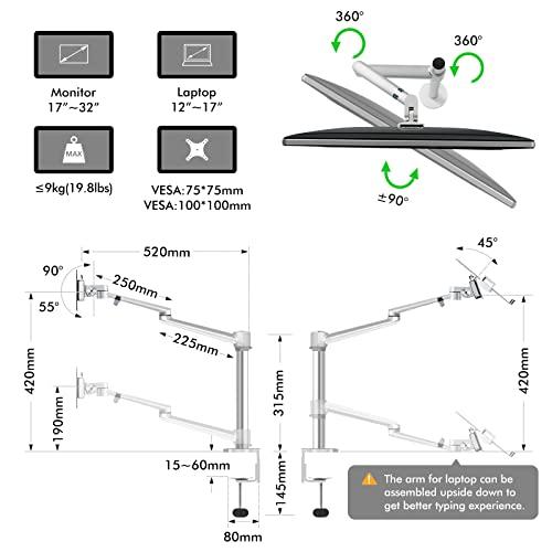 Viozon Viozon Monitor and Laptop Mount, 2-in-1 Adjustable Dual Arm Desk Mounts Single Desk Arm Stand/Holder for 17 to 32 Inch LCD Computer Screens, Extra Tray Fits 12 to 17 inch Laptops (Silver)