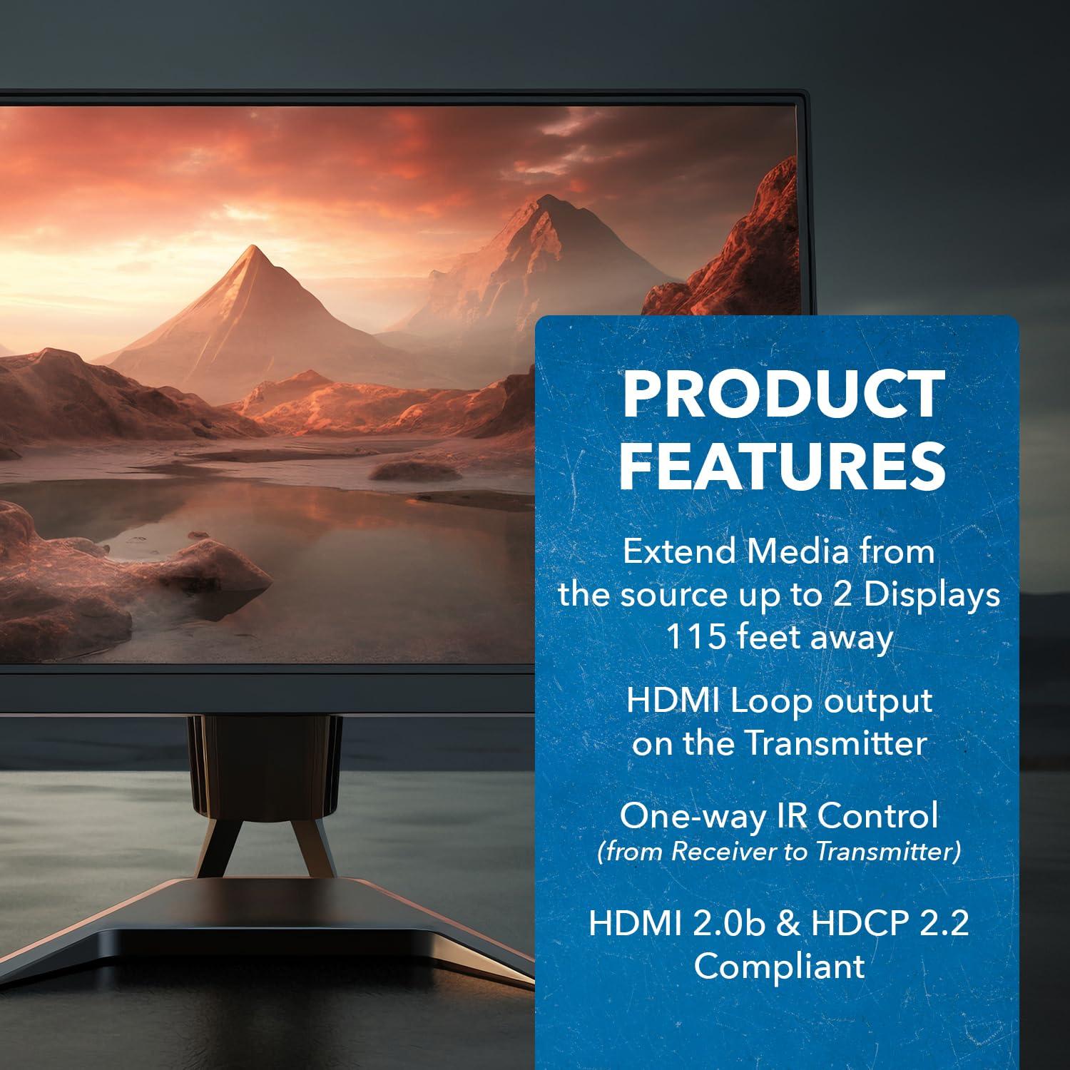 OREI OREI 1x2 HDMI Extender Splitter 4K by Multiple Over Single Cable CAT6/7 4K@60Hz 4:4:4 HDCP 2.2 with IR Remote EDID Management - Up to 115 Ft - Loop Out - Low Latency - Full Support